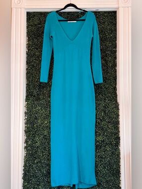 Free People Long Sleeve V-Neck Maxi Dress in a Deep Aqua